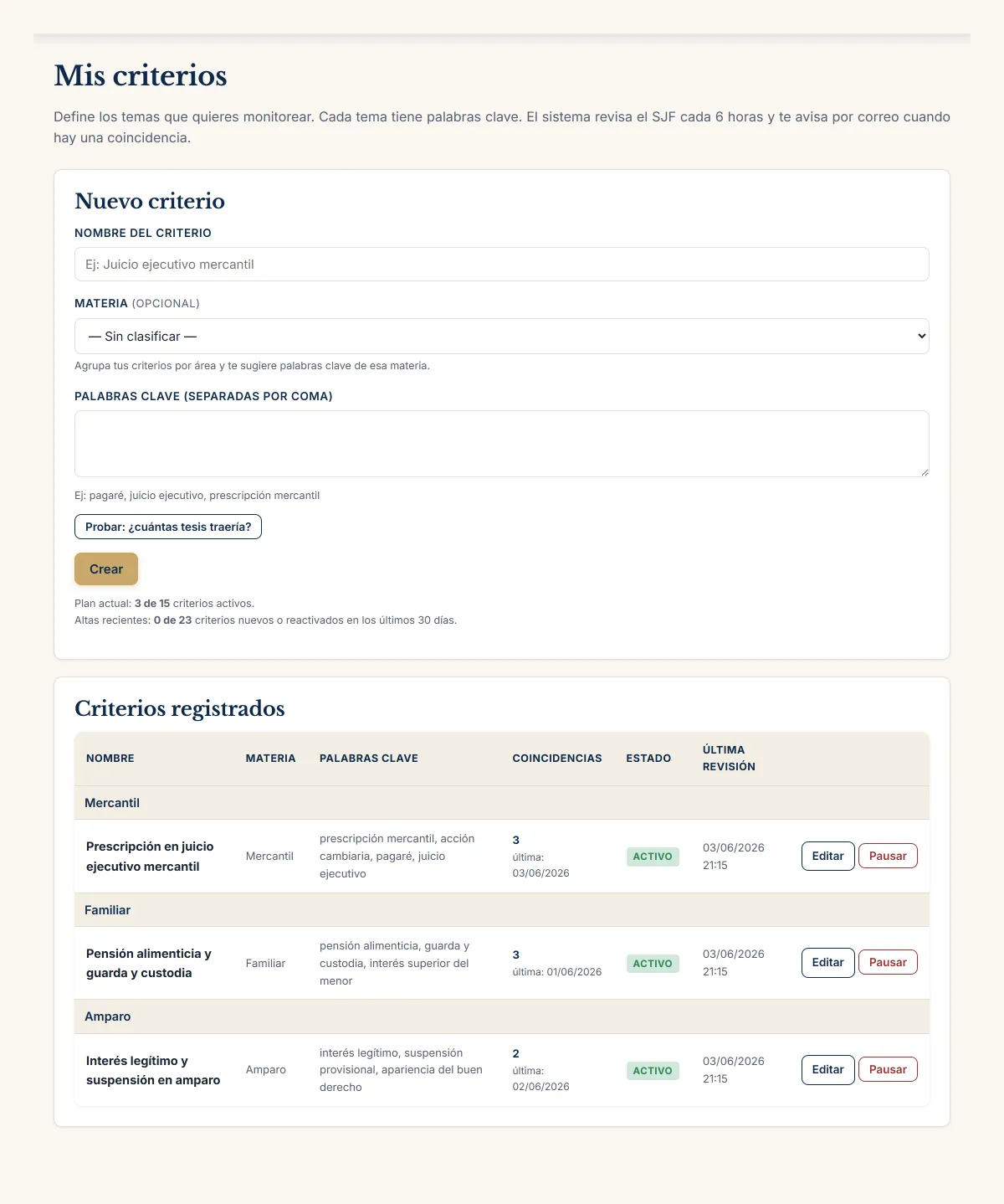Configura tus criterios por materia