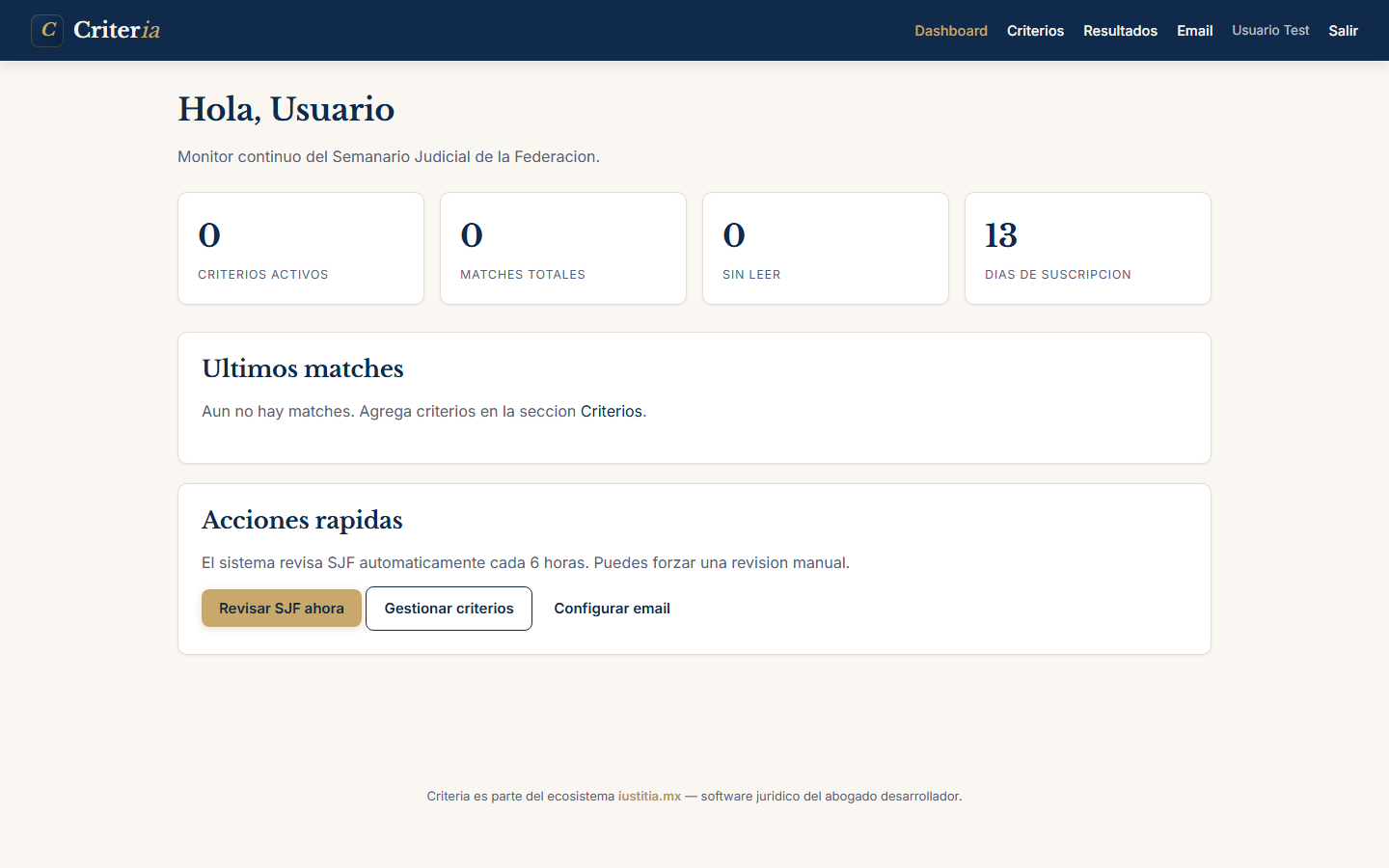 Pantalla inicio de Criteria